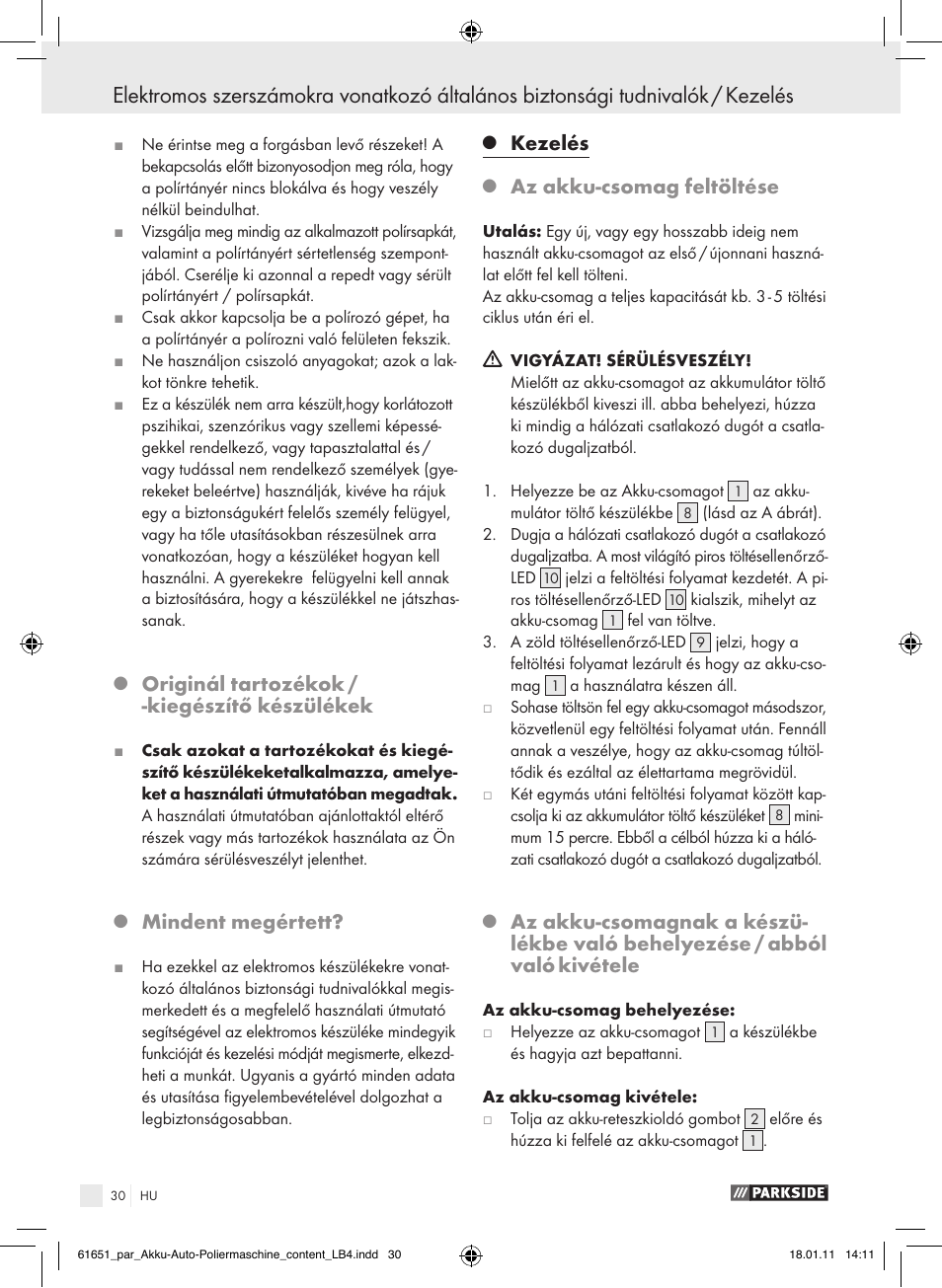 Originál tartozékok / -kiegészítő készülékek, Mindent megértett, Kezelés | Az akku-csomag feltöltése | Parkside PAWP 18 A1 User Manual | Page 29 / 73