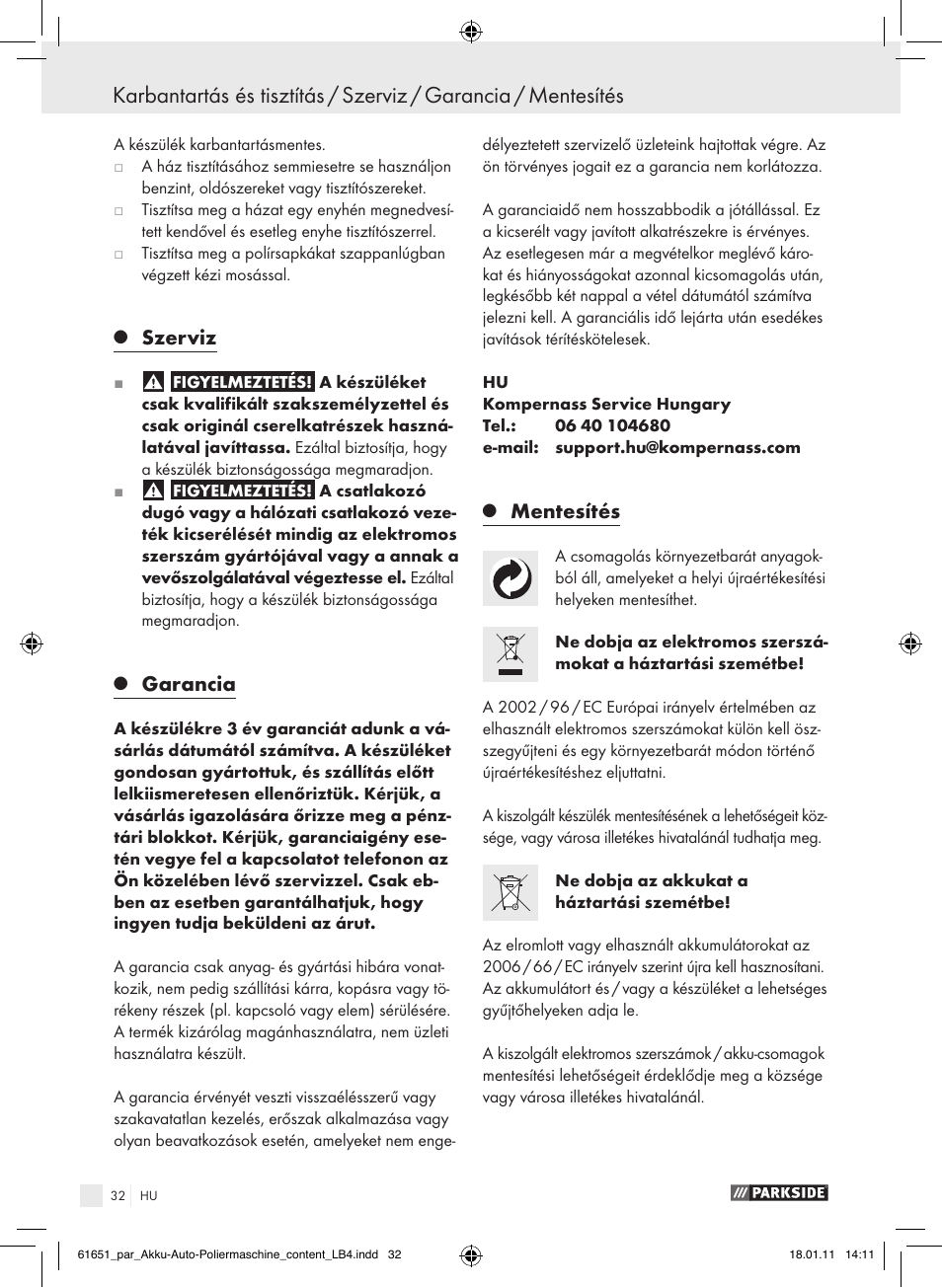 Szerviz, Garancia, Mentesítés | Parkside PAWP 18 A1 User Manual | Page 31 / 73