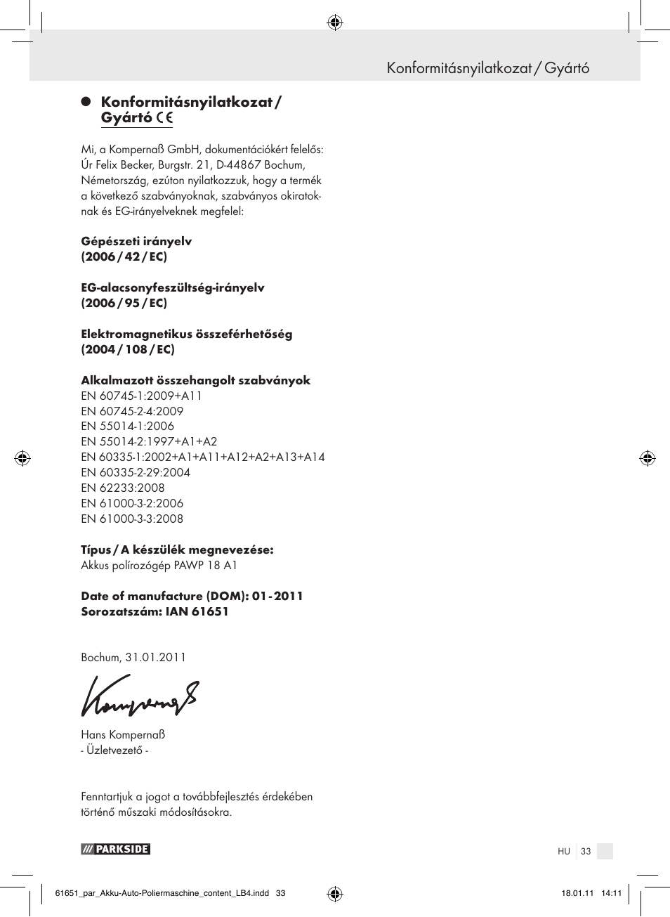 Konformitásnyilatkozat / gyártó | Parkside PAWP 18 A1 User Manual | Page 32 / 73