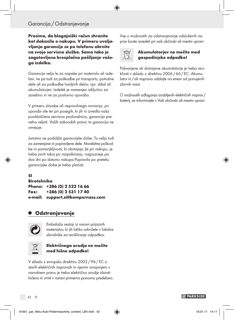 Garancija / odstranjevanje, Odstranjevanje | Parkside PAWP 18 A1 User Manual | Page 41 / 73