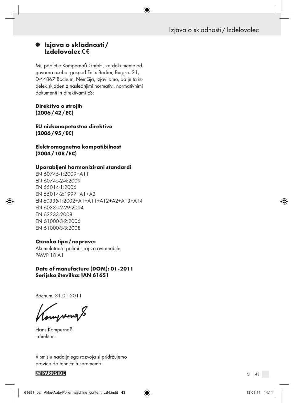 Izjava o skladnosti / izdelovalec | Parkside PAWP 18 A1 User Manual | Page 42 / 73
