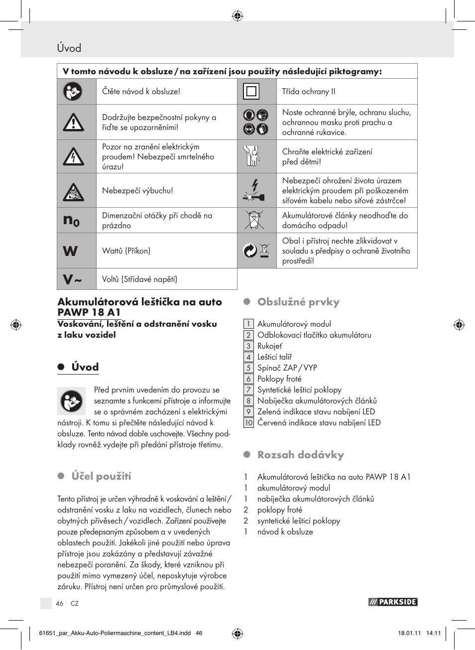 Úvod, Akumulátorová leštička na auto pawp 18 a1, Účel použití | Obslužné prvky, Rozsah dodávky | Parkside PAWP 18 A1 User Manual | Page 45 / 73