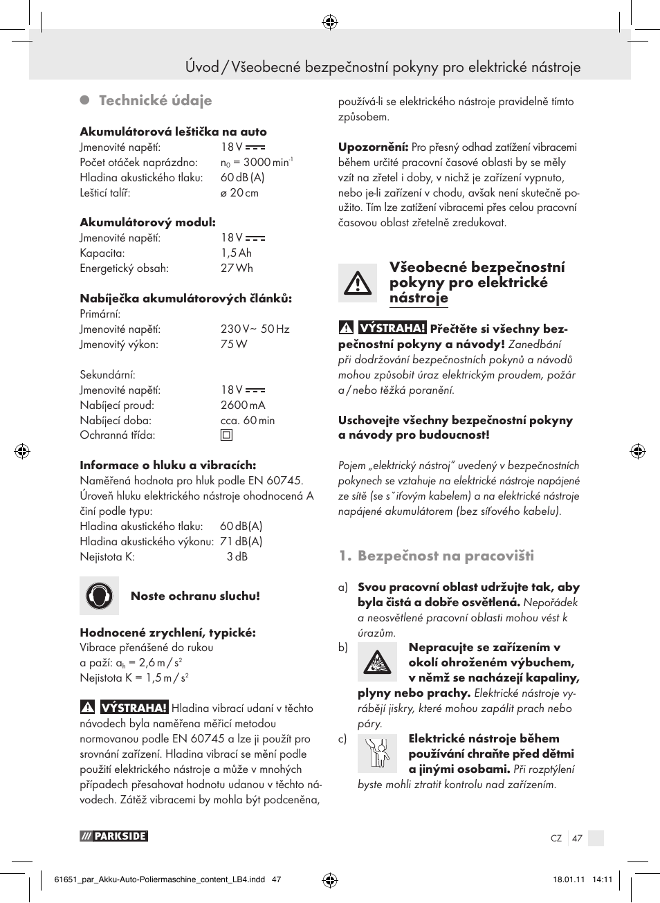Technické údaje, Bezpečnost na pracovišti | Parkside PAWP 18 A1 User Manual | Page 46 / 73