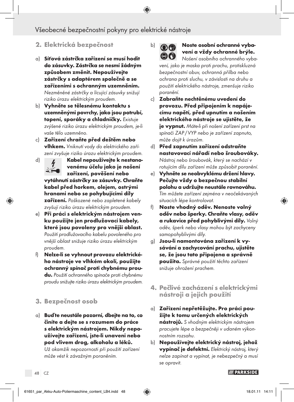 Elektrická bezpečnost, Bezpečnost osob | Parkside PAWP 18 A1 User Manual | Page 47 / 73