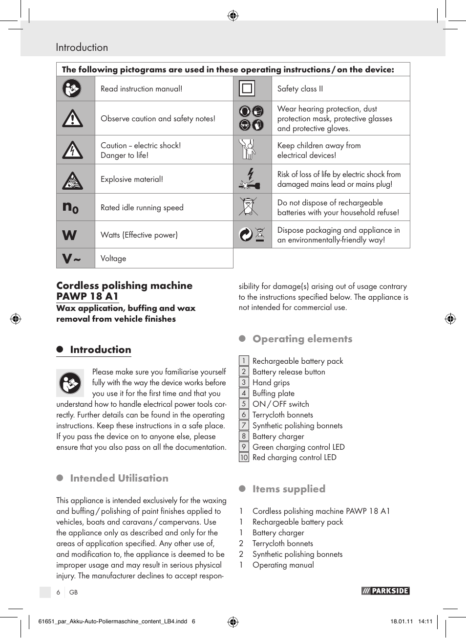 Introduction, Cordless polishing machine pawp 18 a1, Intended utilisation | Operating elements, Items supplied | Parkside PAWP 18 A1 User Manual | Page 5 / 73