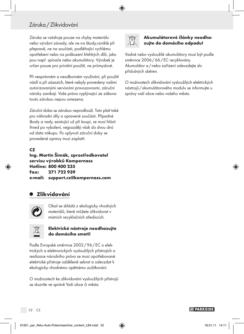 Záruka / zlikvidování, Zlikvidování | Parkside PAWP 18 A1 User Manual | Page 51 / 73