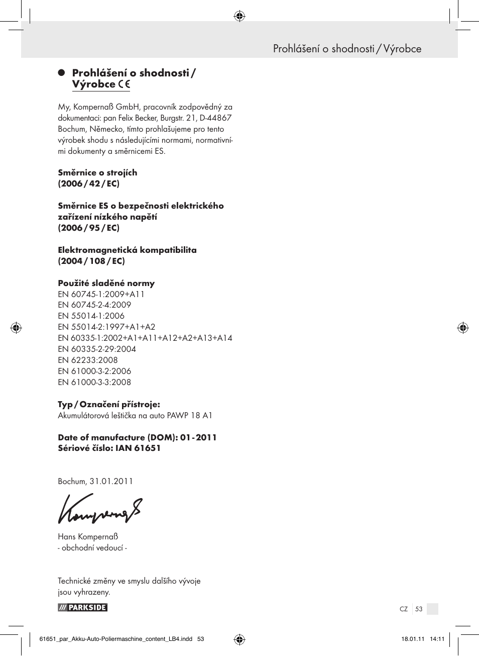 Prohlášení o shodnosti / výrobce | Parkside PAWP 18 A1 User Manual | Page 52 / 73