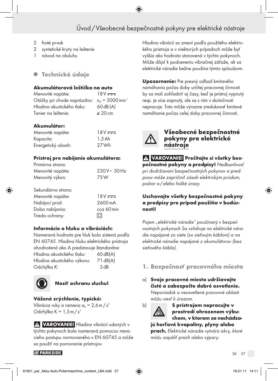 Technické údaje, Bezpečnosť pracovného miesta | Parkside PAWP 18 A1 User Manual | Page 56 / 73
