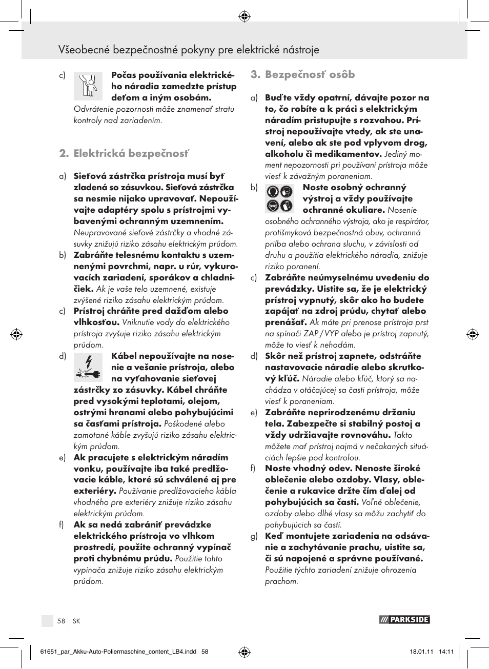 Elektrická bezpečnosť, Bezpečnosť osôb | Parkside PAWP 18 A1 User Manual | Page 57 / 73
