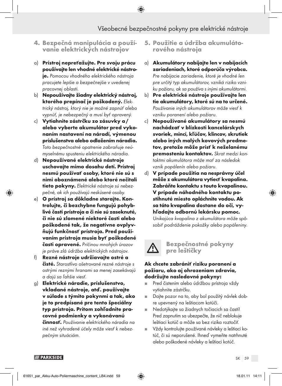 Použitie a údržba akumuláto- rového nástroja, Bezpečnostné pokyny pre leštičky | Parkside PAWP 18 A1 User Manual | Page 58 / 73