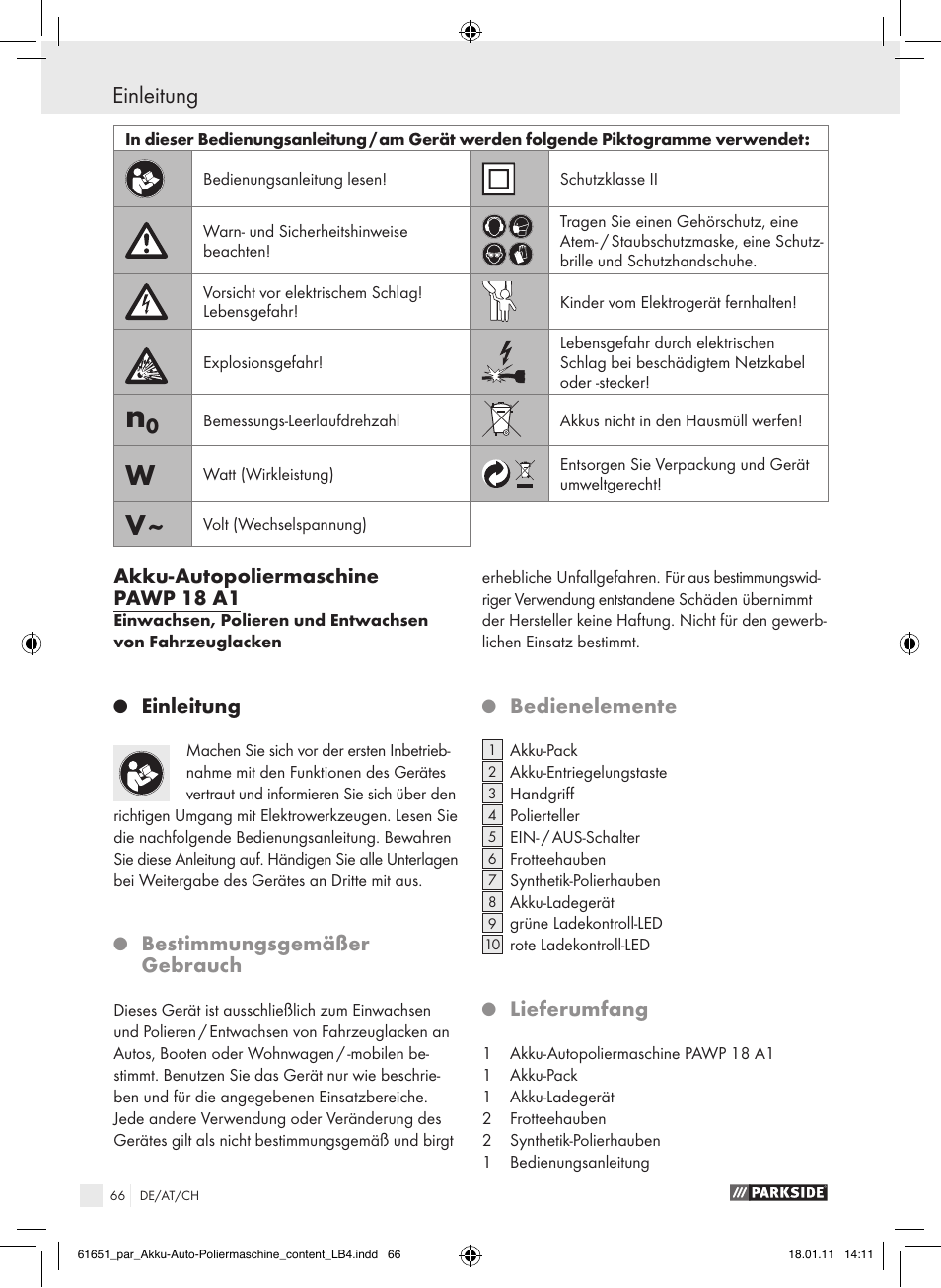 Einleitung, Akku-autopoliermaschine pawp 18 a1, Bestimmungsgemäßer gebrauch | Bedienelemente, Lieferumfang | Parkside PAWP 18 A1 User Manual | Page 65 / 73