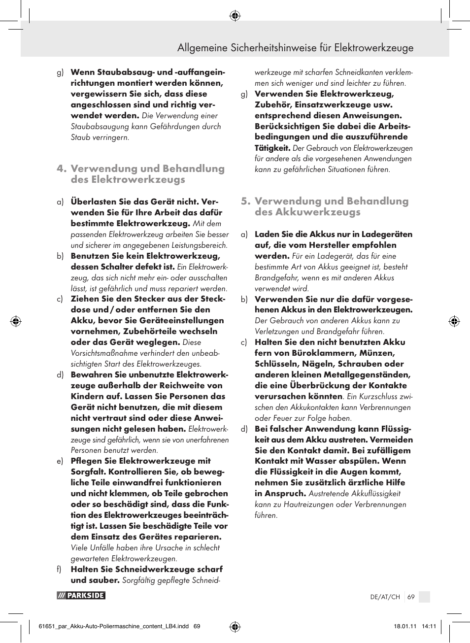 Verwendung und behandlung des elektrowerkzeugs, Verwendung und behandlung des akkuwerkzeugs | Parkside PAWP 18 A1 User Manual | Page 68 / 73