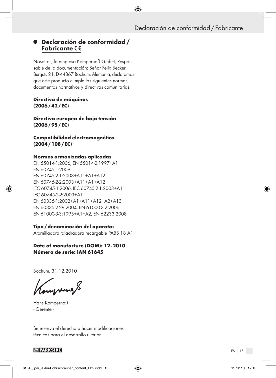 Declaración de conformidad / fabricante | Parkside PABS 18 A1 User Manual | Page 14 / 61