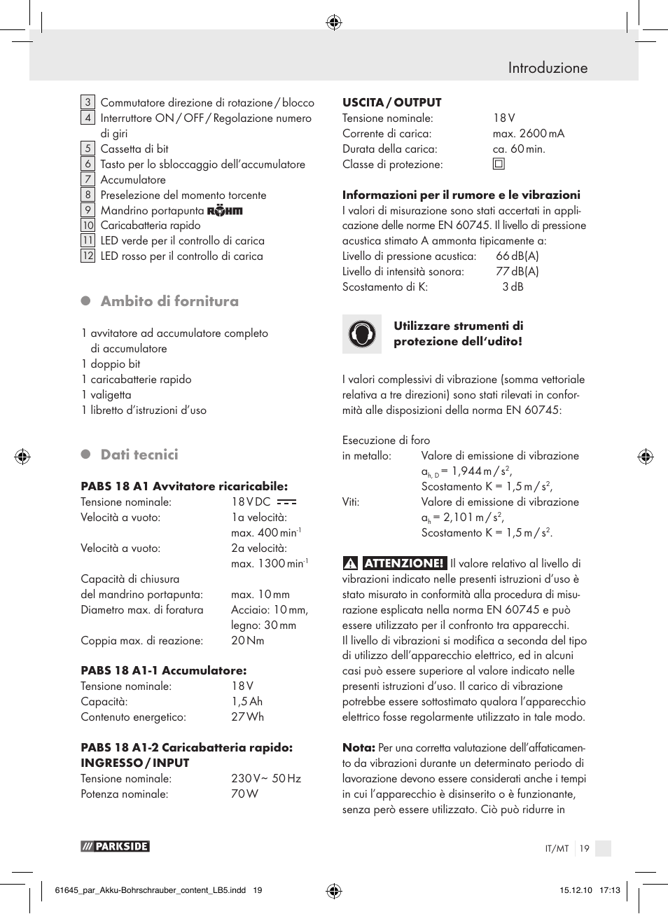 Introduzione, Ambito di fornitura, Dati tecnici | Parkside PABS 18 A1 User Manual | Page 18 / 61
