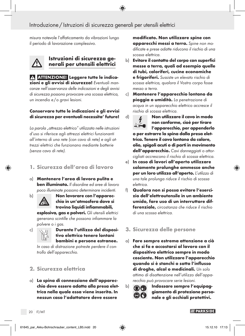 Sicurezza dell’area di lavoro, Sicurezza elettrica, Sicurezza delle persone | Parkside PABS 18 A1 User Manual | Page 19 / 61