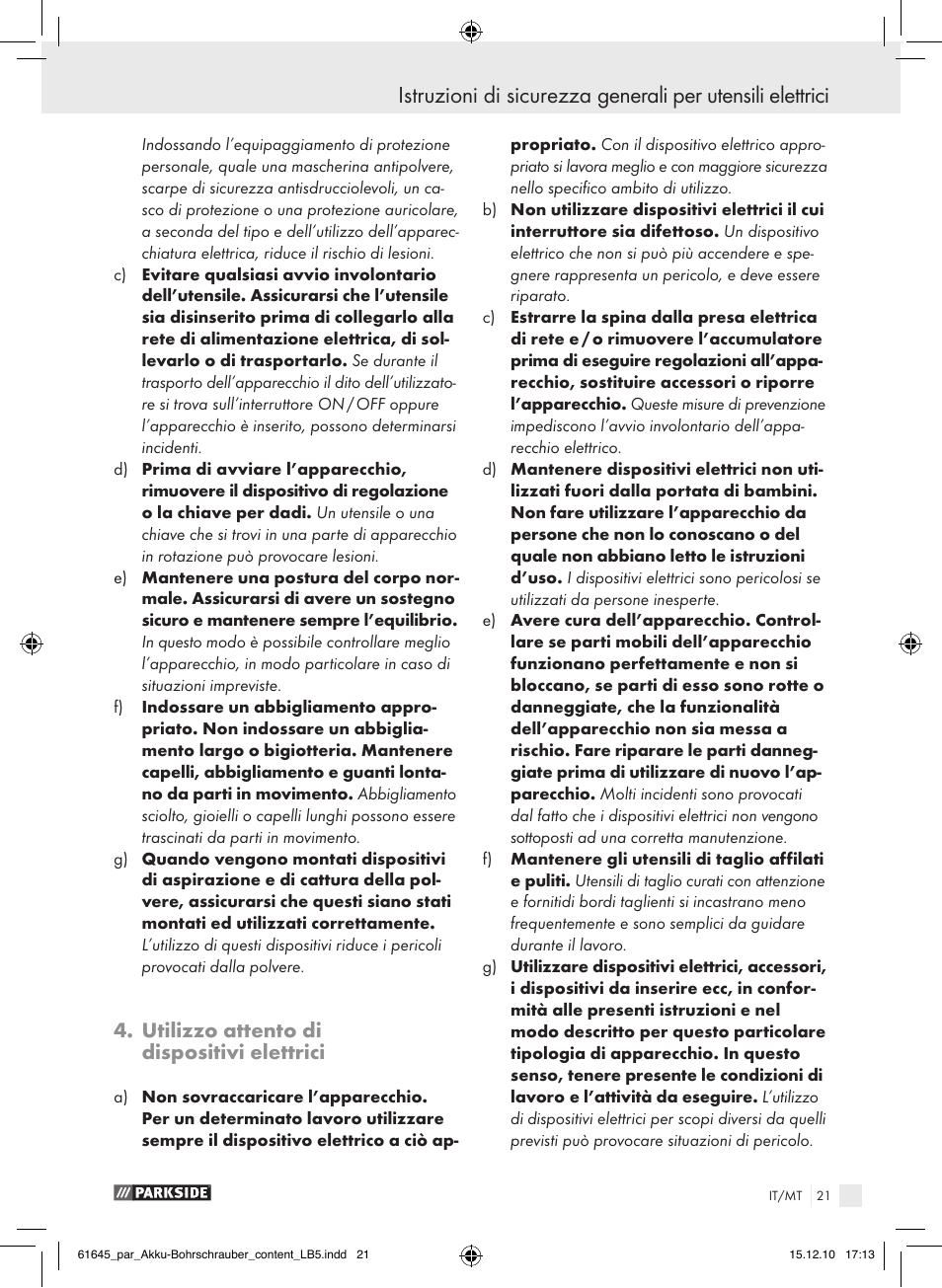 Utilizzo attento di dispositivi elettrici | Parkside PABS 18 A1 User Manual | Page 20 / 61