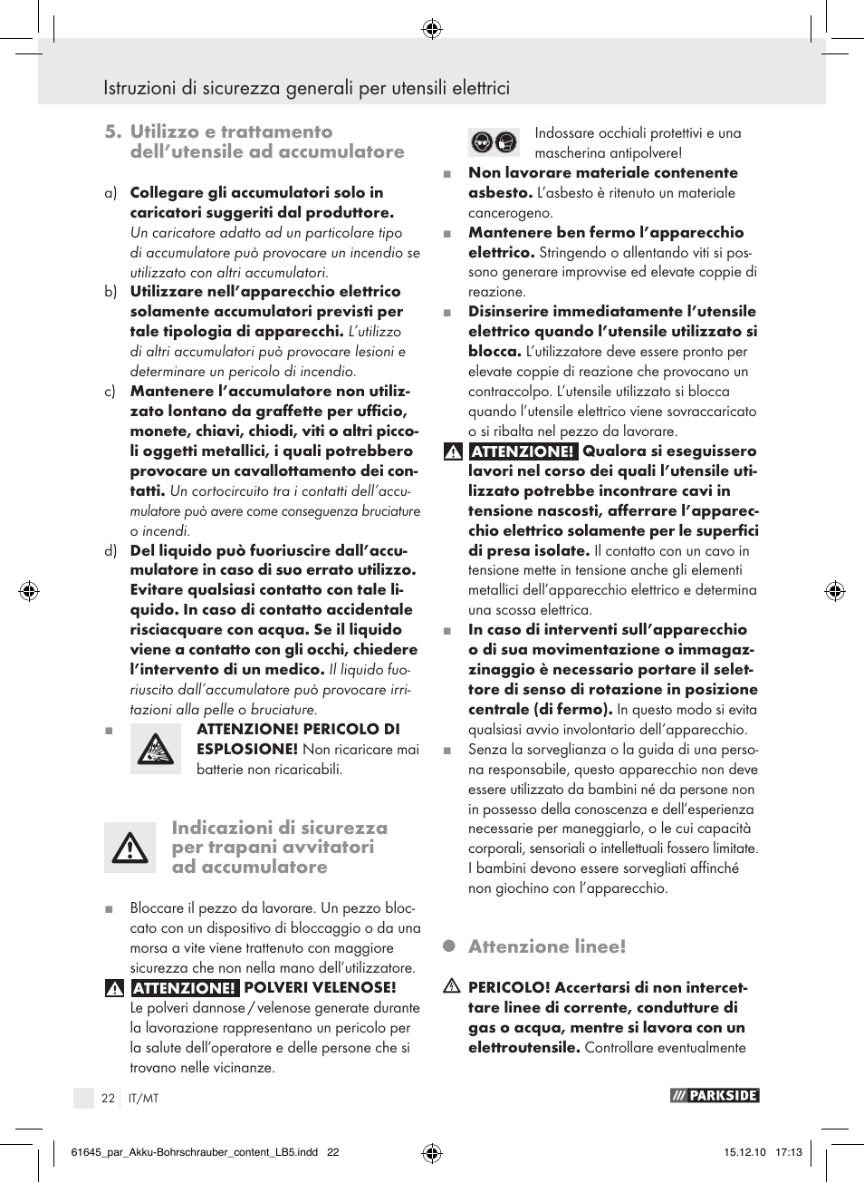 Attenzione linee | Parkside PABS 18 A1 User Manual | Page 21 / 61