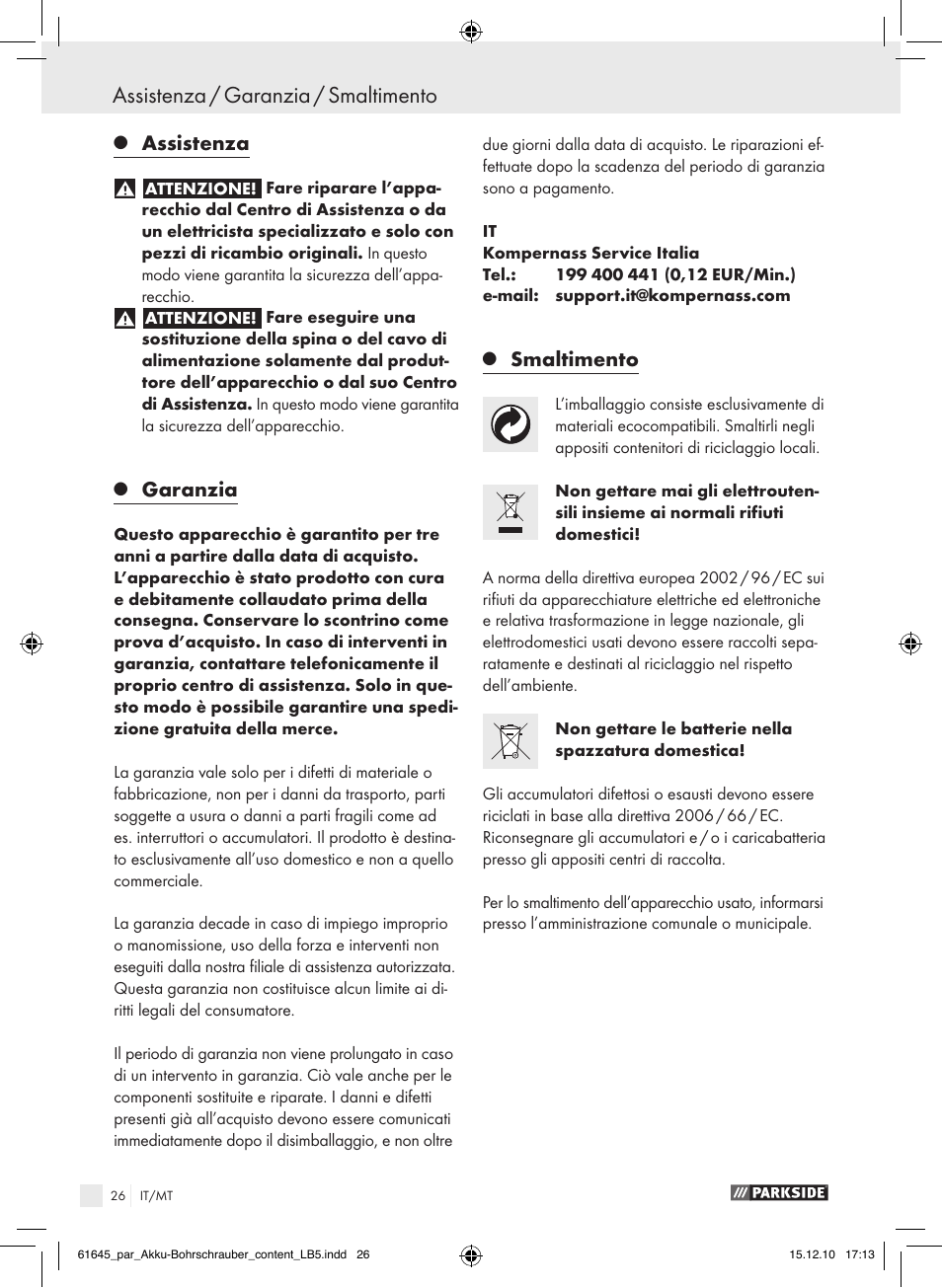 Assistenza / garanzia / smaltimento, Assistenza, Garanzia | Smaltimento | Parkside PABS 18 A1 User Manual | Page 25 / 61