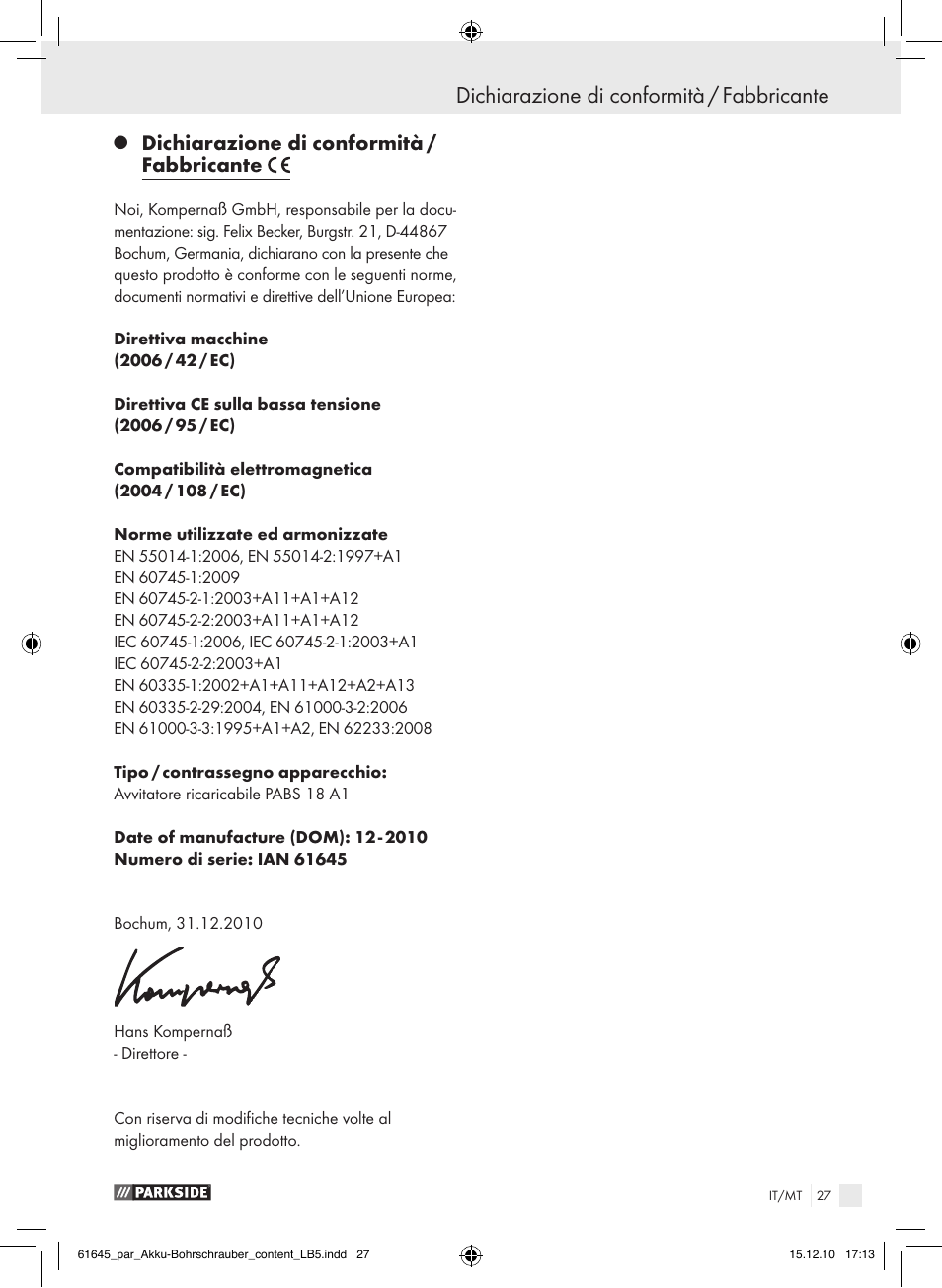 Dichiarazione di conformità / fabbricante | Parkside PABS 18 A1 User Manual | Page 26 / 61