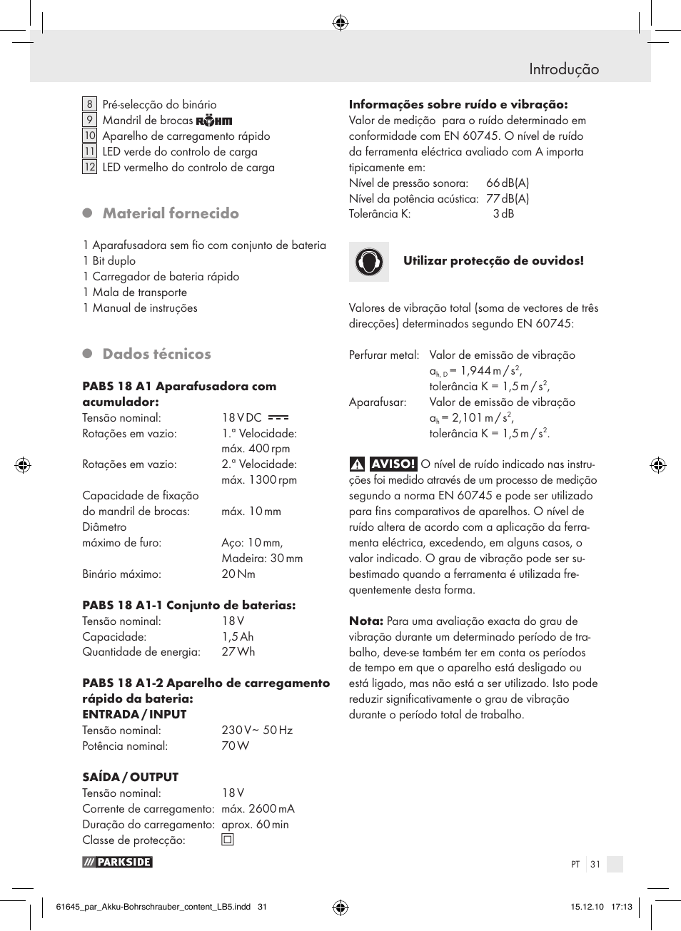 Introdução, Material fornecido, Dados técnicos | Parkside PABS 18 A1 User Manual | Page 30 / 61