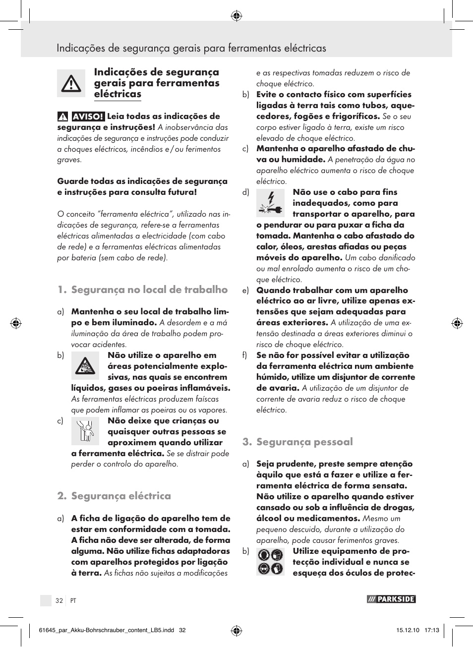 Segurança no local de trabalho, Segurança eléctrica, Segurança pessoal | Parkside PABS 18 A1 User Manual | Page 31 / 61