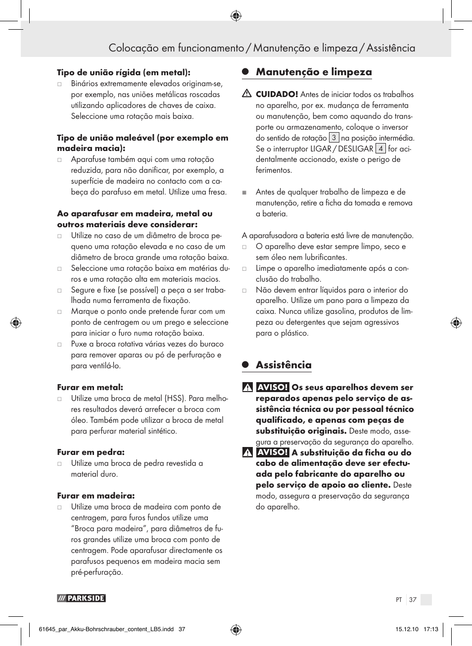 Manutenção e limpeza, Assistência | Parkside PABS 18 A1 User Manual | Page 36 / 61