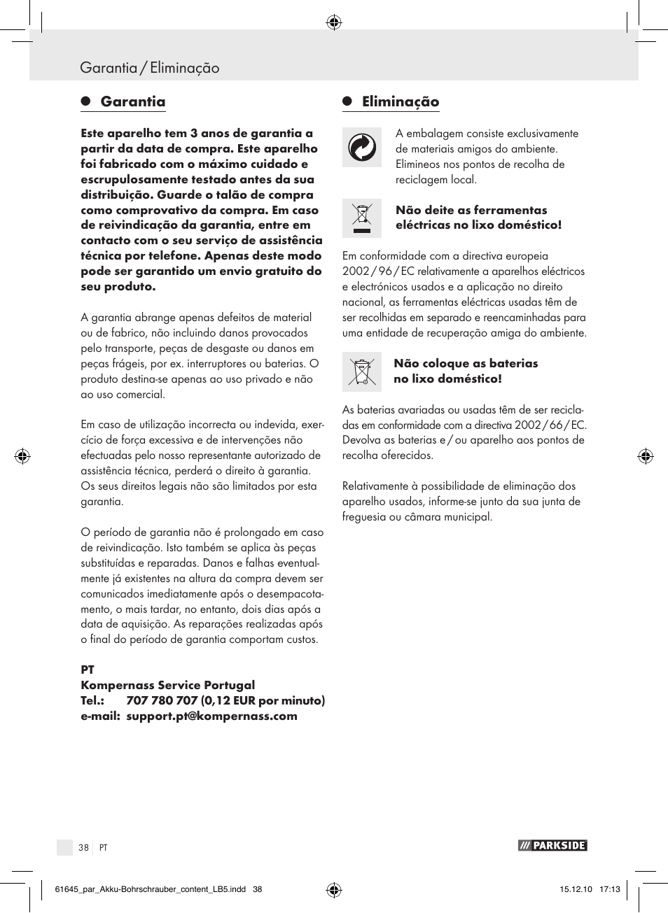 Garantia / eliminação, Garantia, Eliminação | Parkside PABS 18 A1 User Manual | Page 37 / 61