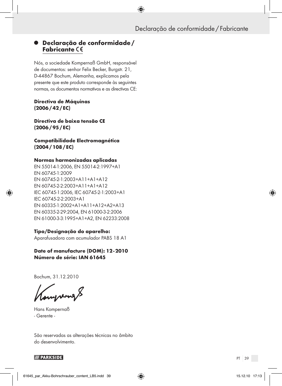 Declaração de conformidade / fabricante | Parkside PABS 18 A1 User Manual | Page 38 / 61
