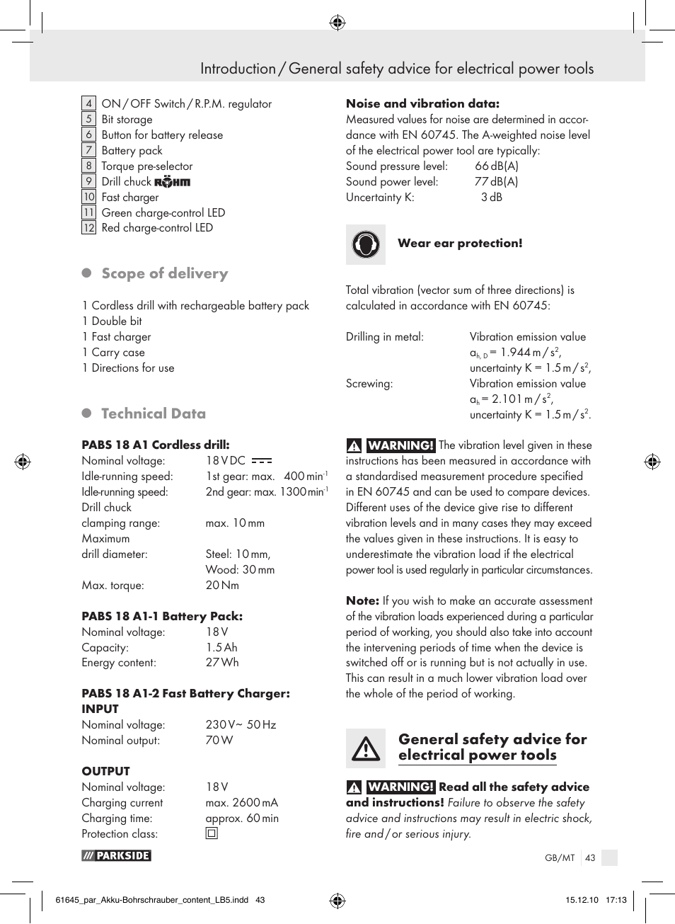 Scope of delivery, Technical data, General safety advice for electrical power tools | Parkside PABS 18 A1 User Manual | Page 42 / 61