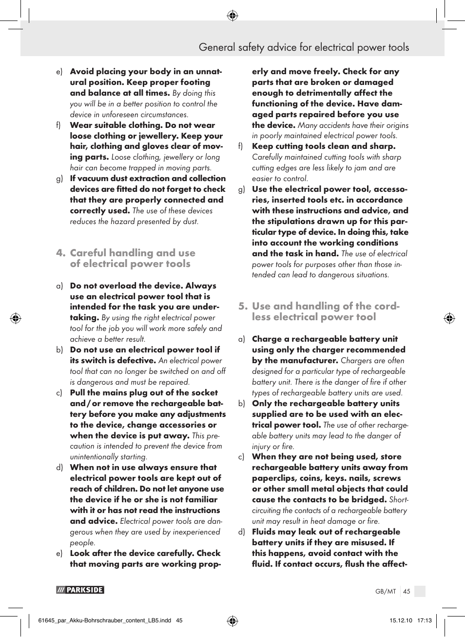 General safety advice for electrical power tools, Careful handling and use of electrical power tools | Parkside PABS 18 A1 User Manual | Page 44 / 61