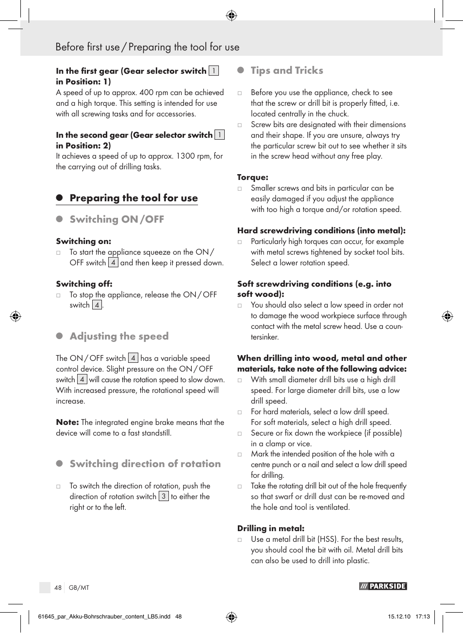 Before first use / preparing the tool for use, Preparing the tool for use, Switching on /off | Adjusting the speed, Switching direction of rotation, Tips and tricks | Parkside PABS 18 A1 User Manual | Page 47 / 61