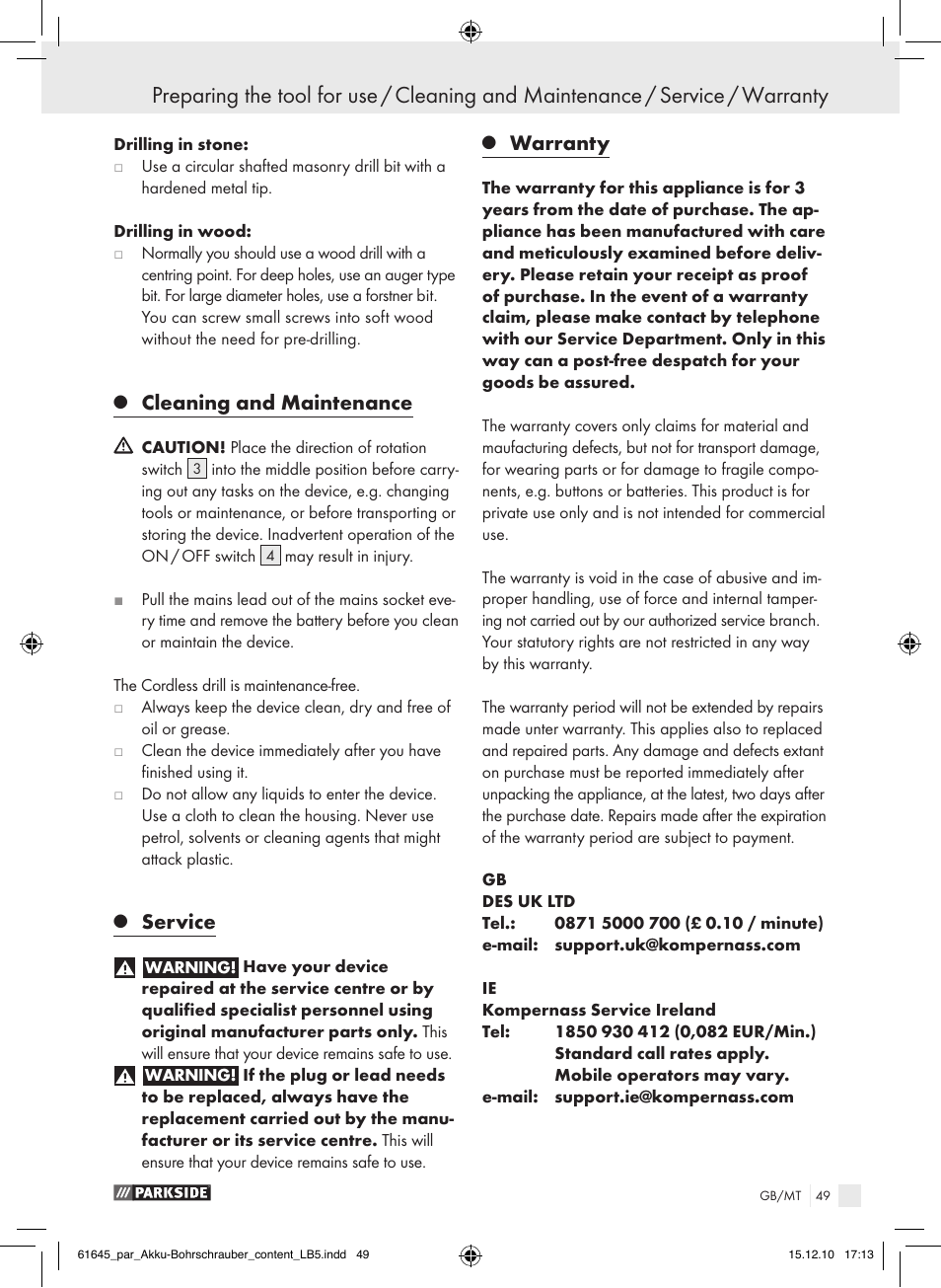 Cleaning and maintenance, Service, Warranty | Parkside PABS 18 A1 User Manual | Page 48 / 61