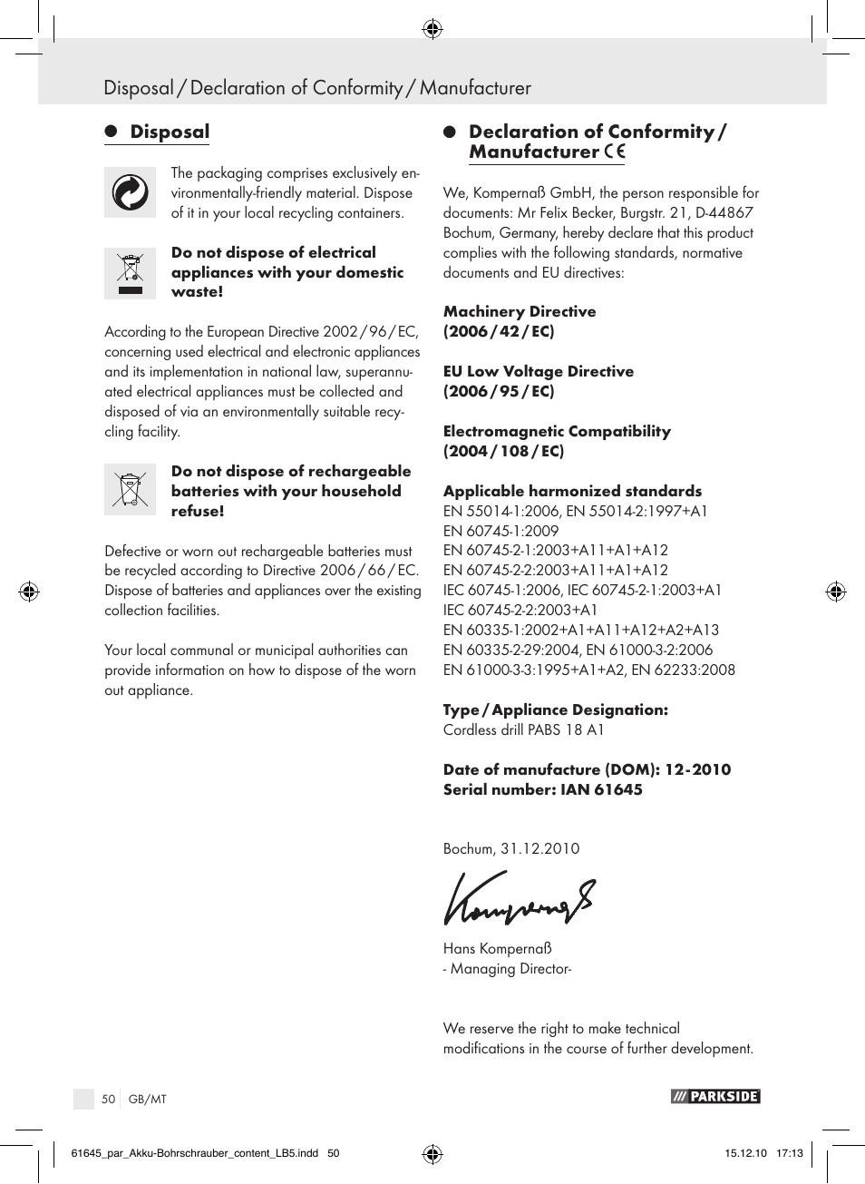 Disposal, Declaration of conformity / manufacturer | Parkside PABS 18 A1 User Manual | Page 49 / 61