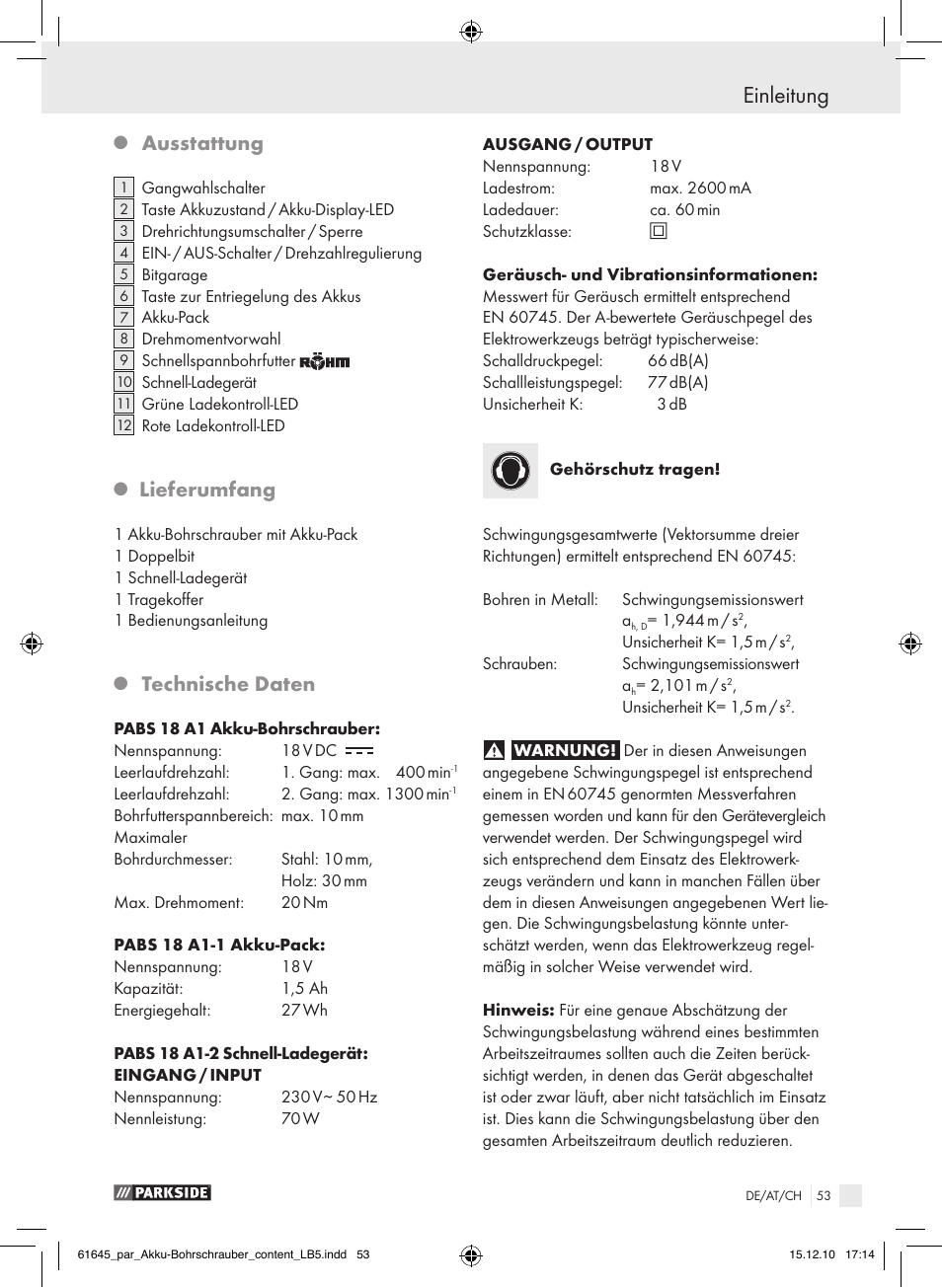 Einleitung, Ausstattung, Lieferumfang | Technische daten | Parkside PABS 18 A1 User Manual | Page 52 / 61