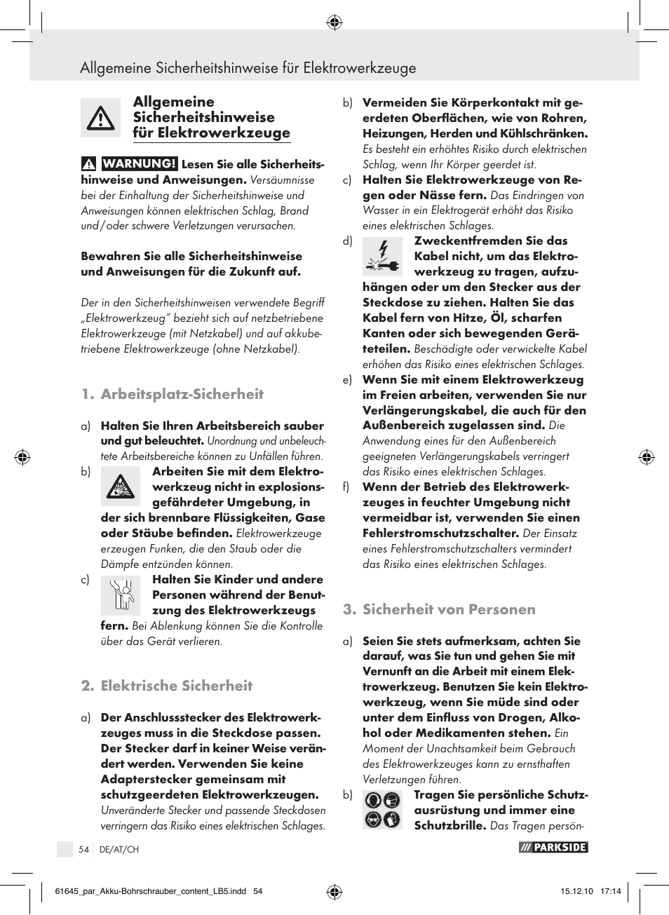 Arbeitsplatz-sicherheit, Elektrische sicherheit, Sicherheit von personen | Parkside PABS 18 A1 User Manual | Page 53 / 61