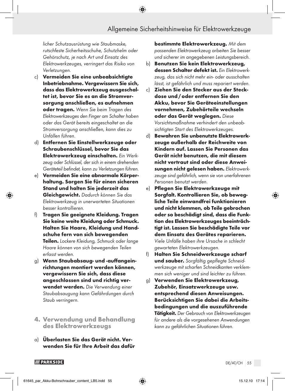 Verwendung und behandlung des elektrowerkzeugs | Parkside PABS 18 A1 User Manual | Page 54 / 61