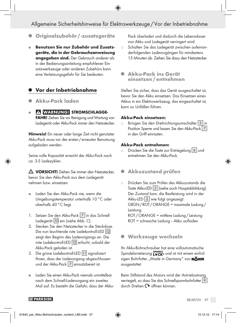 Originalzubehör / -zusatzgeräte, Vor der inbetriebnahme, Akku-pack laden | Akku-pack ins gerät einsetzen / entnehmen, Akkuzustand prüfen, Werkzeuge wechseln | Parkside PABS 18 A1 User Manual | Page 56 / 61