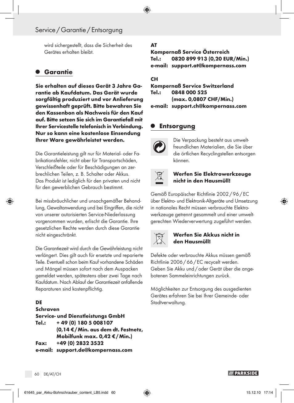 Service / garantie / entsorgung, Garantie, Entsorgung | Parkside PABS 18 A1 User Manual | Page 59 / 61