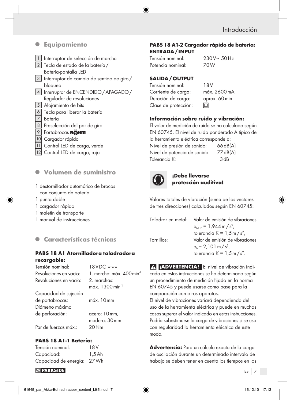 Introducción, Equipamiento, Volumen de suministro | Características técnicas | Parkside PABS 18 A1 User Manual | Page 6 / 61
