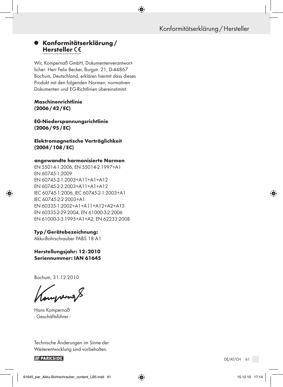 Konformitätserklärung / hersteller | Parkside PABS 18 A1 User Manual | Page 60 / 61