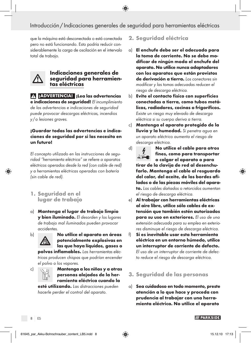 Seguridad en el lugar de trabajo, Seguridad eléctrica, Seguridad de las personas | Parkside PABS 18 A1 User Manual | Page 7 / 61