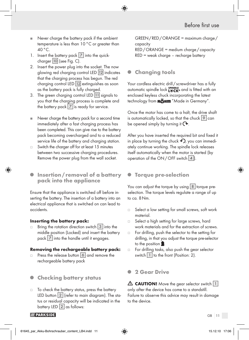 Before first use, Checking battery status, Changing tools | Torque pre-selection, 2 gear drive | Parkside PABS 18 A1 User Manual | Page 10 / 79