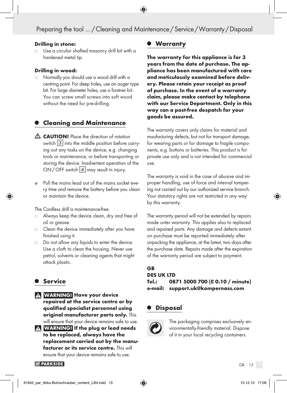 Cleaning and maintenance, Service, Warranty | Disposal | Parkside PABS 18 A1 User Manual | Page 12 / 79