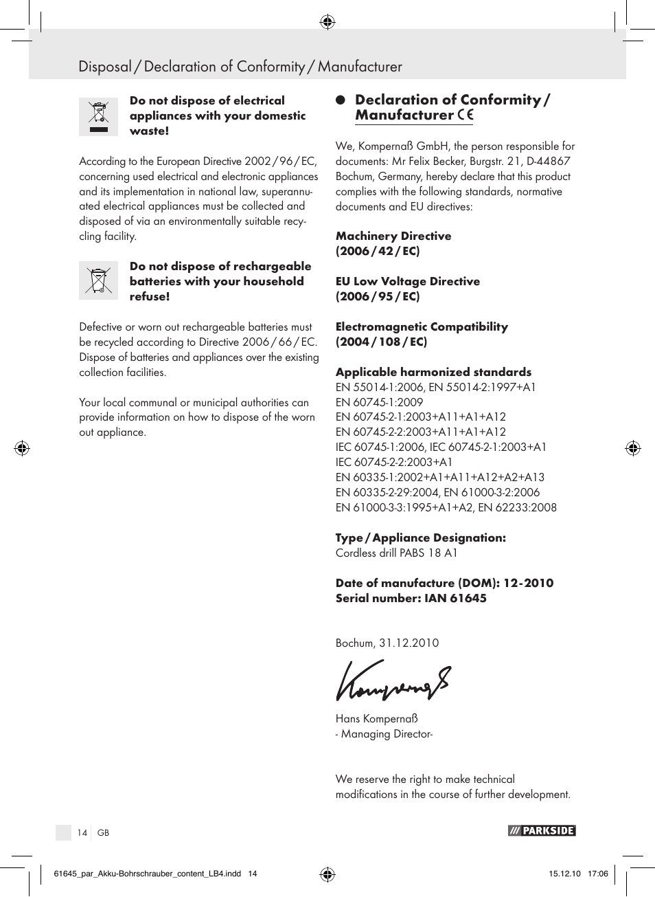 Declaration of conformity / manufacturer | Parkside PABS 18 A1 User Manual | Page 13 / 79