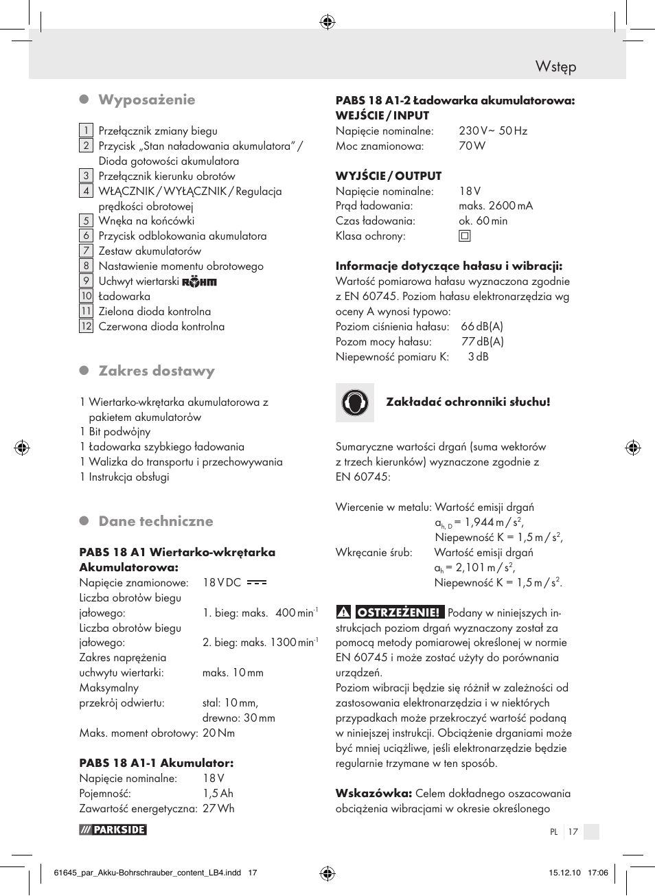 Wstęp, Wyposażenie, Zakres dostawy | Dane techniczne | Parkside PABS 18 A1 User Manual | Page 16 / 79