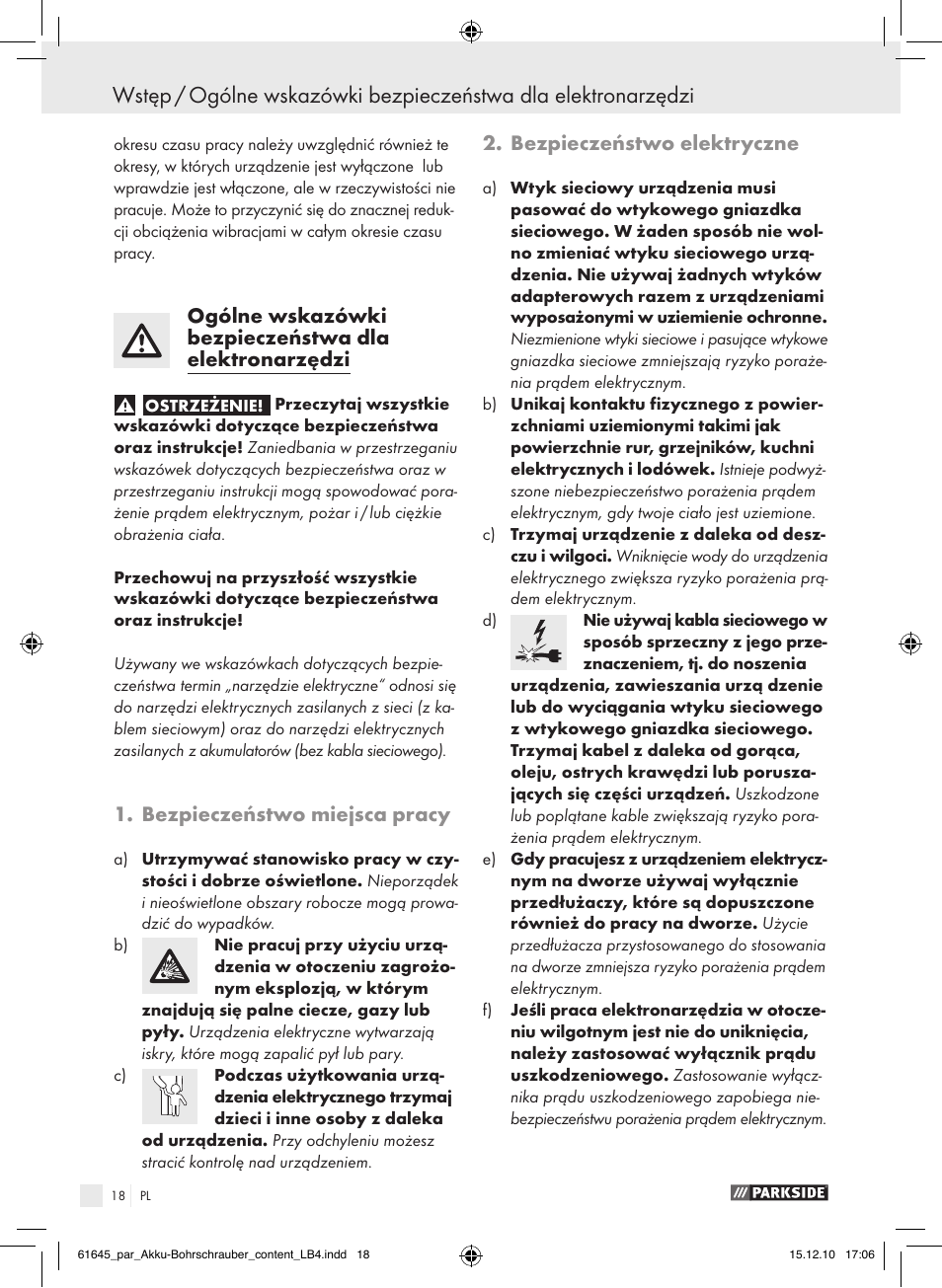 Bezpieczeństwo miejsca pracy, Bezpieczeństwo elektryczne | Parkside PABS 18 A1 User Manual | Page 17 / 79