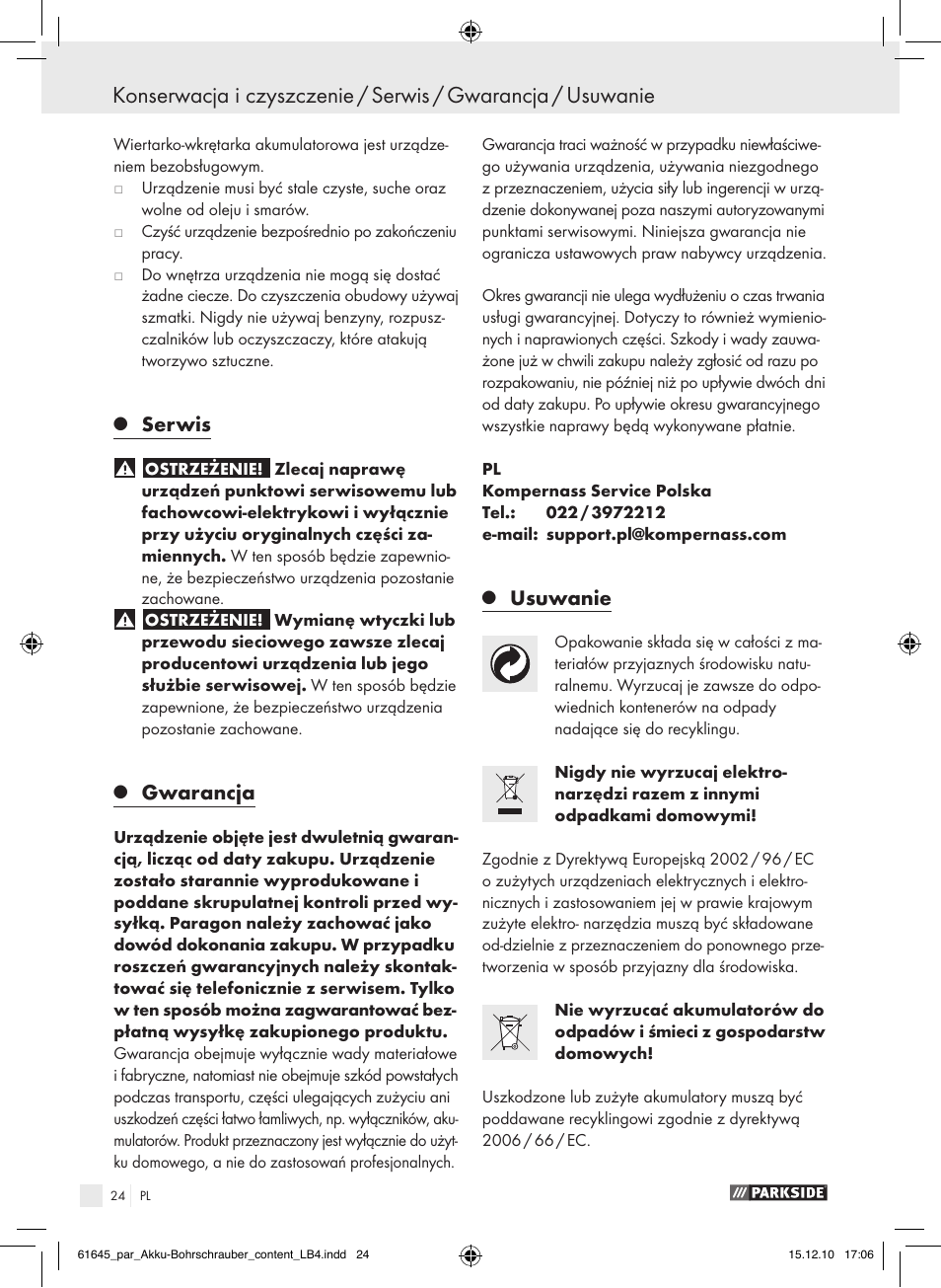 Serwis, Gwarancja, Usuwanie | Parkside PABS 18 A1 User Manual | Page 23 / 79