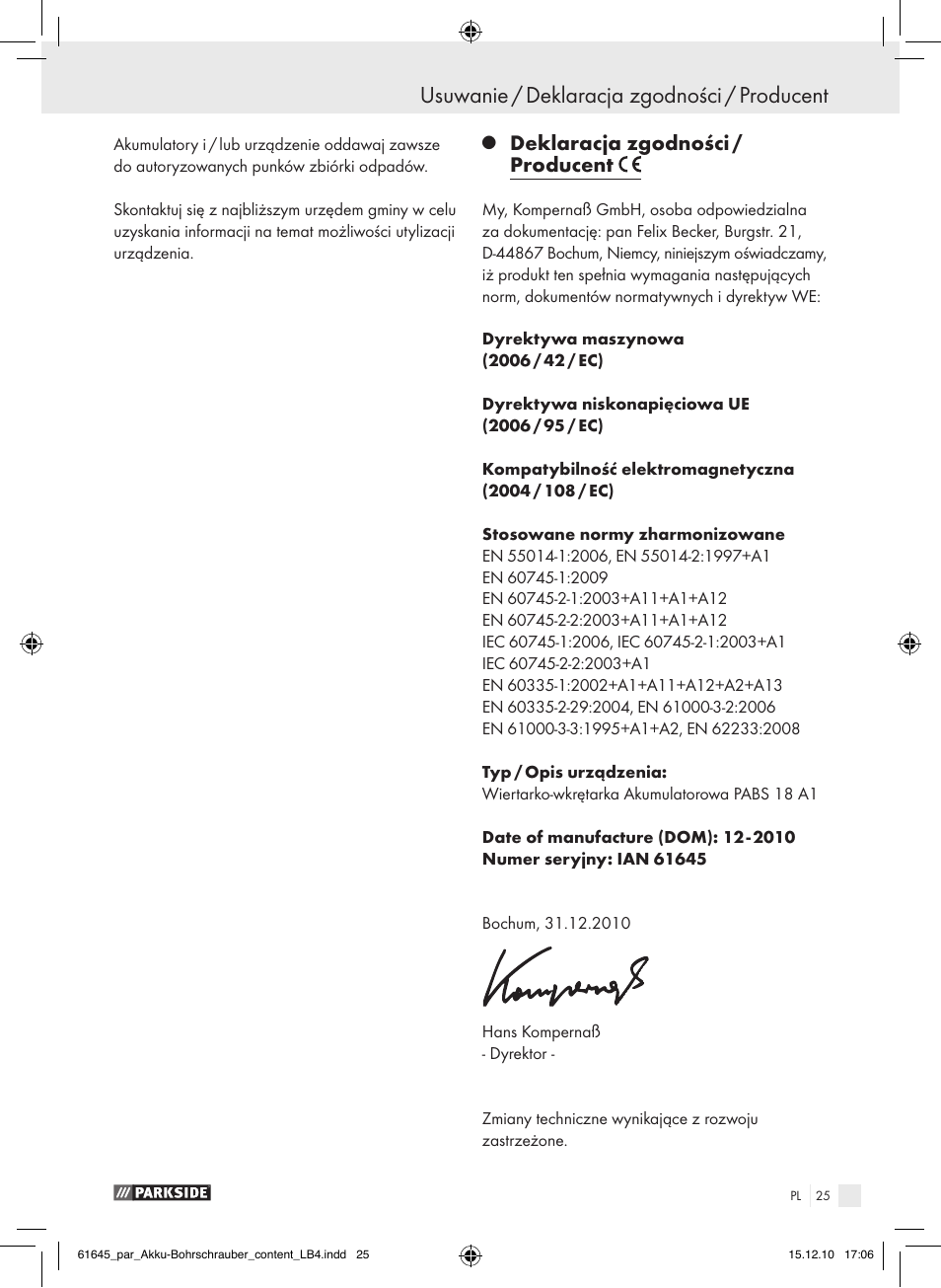 Usuwanie / deklaracja zgodności / producent, Deklaracja zgodności / producent | Parkside PABS 18 A1 User Manual | Page 24 / 79