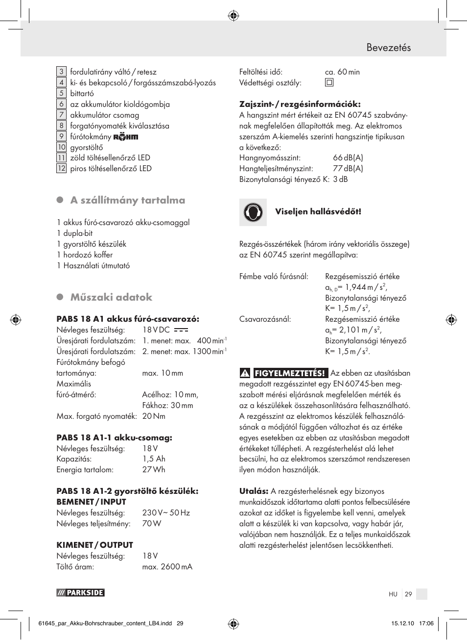 Bevezetés, A szállítmány tartalma, Műszaki adatok | Parkside PABS 18 A1 User Manual | Page 28 / 79