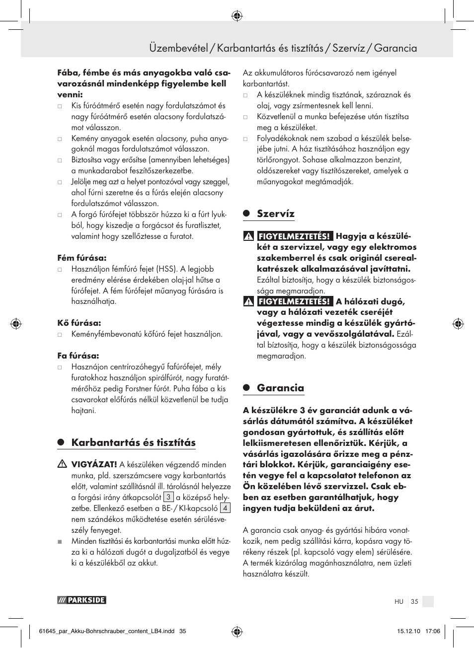 Karbantartás és tisztítás, Szervíz, Garancia | Parkside PABS 18 A1 User Manual | Page 34 / 79